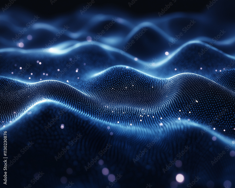 Poster a glowing dark blue abstract scene with scattered luminous particles and mesmerizing bokeh effects, 