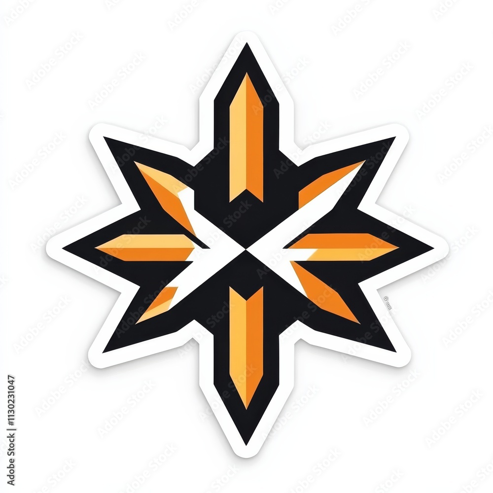 Poster Eight-Pointed Starburst Logo:  A bold, eight-pointed starburst emblem in shades of orange and black, ideal for branding or design projects. The design features sharp points and a central X motif.