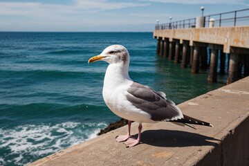 Seagull on Coastal Jetty Overlooking Scenic Ocean View