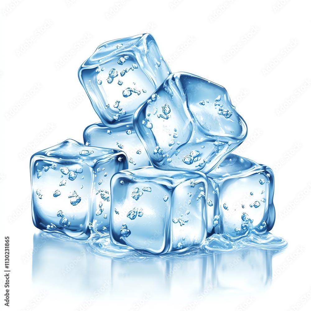 Poster a group of four clear ice cubes with a subtle reflection.