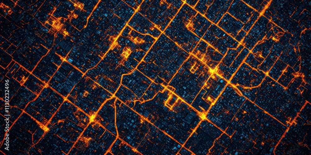 Poster nighttime satellite images patterns concept. a dark, aerial view showcasing illuminated city streets