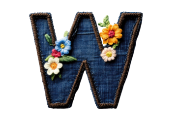 Embroidered letter W with colorful flowers on denim background, showcasing creativity and craftsmanship