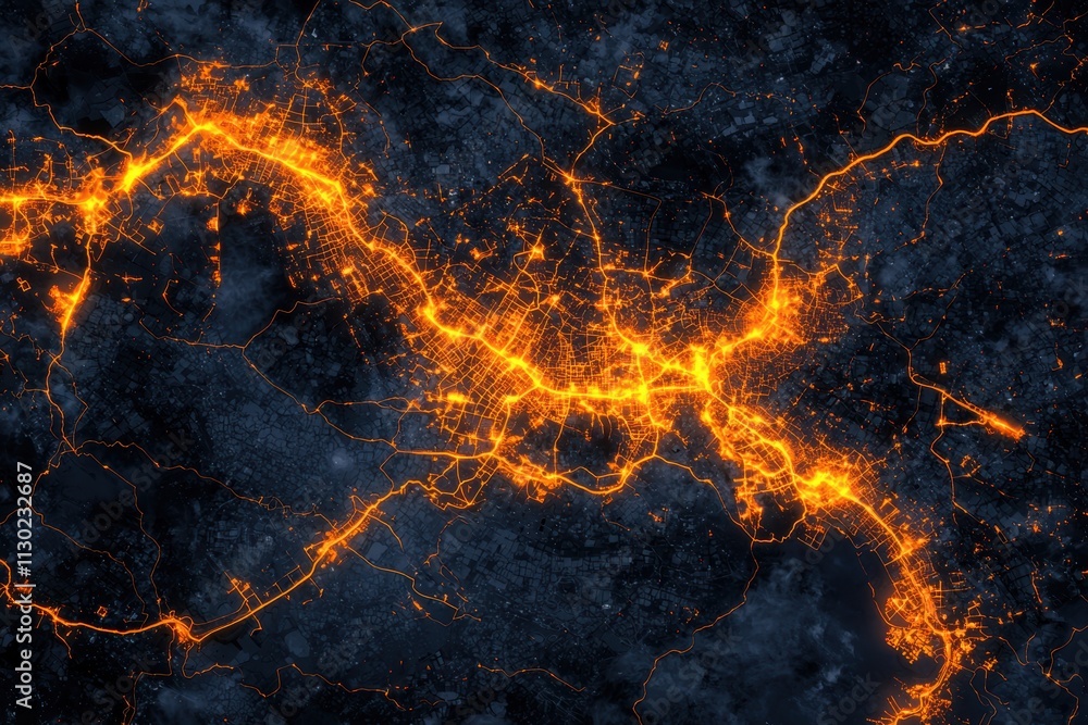 Poster nighttime satellite images patterns concept. a mesmerizing dark image showcasing glowing orange line