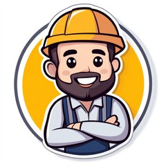Fototapeta premium Construction Worker Cartoon: A cheerful cartoon construction worker with a beard, wearing a yellow hard hat and blue overalls, smiles with crossed arms in a friendly and approachable illustration. 