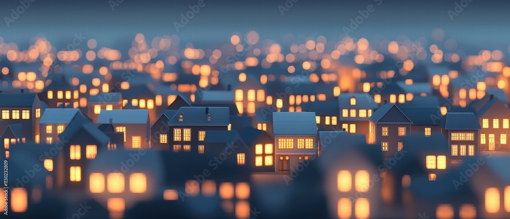 Poster nighttime satellite images patterns concept. a serene night scene of houses with illuminated windows