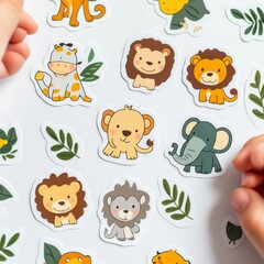 Obraz premium Safari Adventure Stickers: Little hands reach for colorful, cheerful safari animal stickers, perfect for imaginative play and creative projects. 