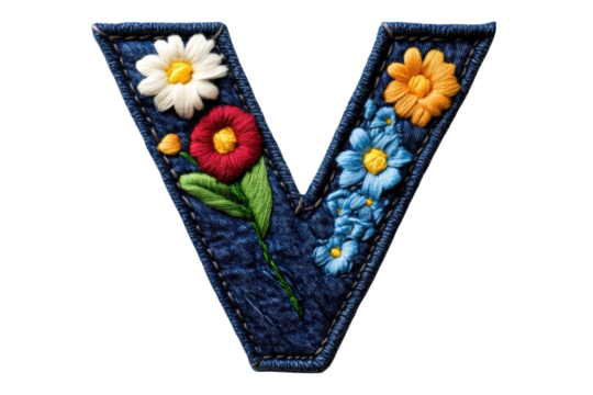 Embroidered letter V with colorful flowers, showcasing vibrant design and texture - Powered by Adobe