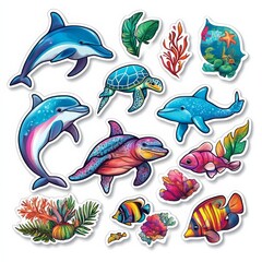 Obraz premium Ocean Life Stickers: A vibrant collection of colorful ocean stickers featuring playful dolphins, a wise sea turtle, tropical fish, and underwater plants.