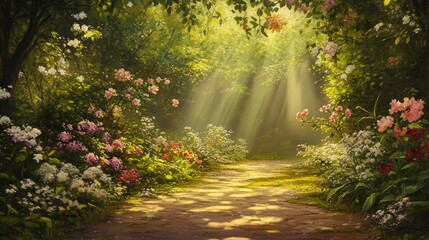 Fototapeta premium Sunlit garden path, vibrant blooms, lush foliage.