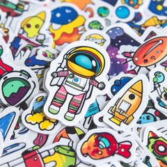 Obraz premium Cosmic Crew Stickers: A vibrant collection of space-themed stickers, featuring astronauts, rockets, planets, and aliens in a playful, colorful design.