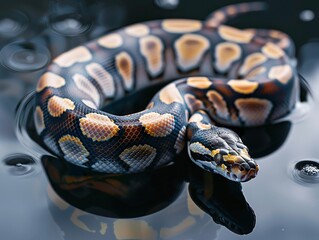 Obraz premium Elegant Female Ball Python on Reflective Black Glass: Perfect for Pet, Reptile, and Wildlife Photography Projects