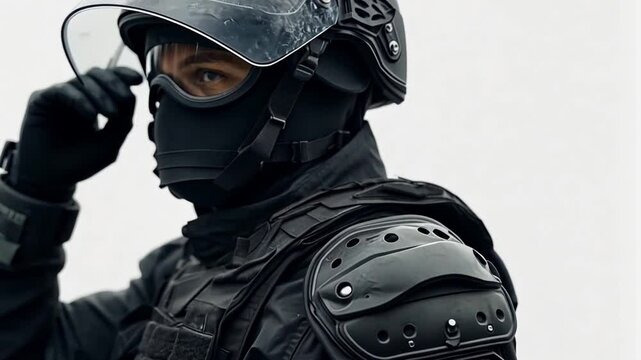 This image features a soldier in advanced tactical gear. The soldiers expression conveys focus and determination. Ideal for themes of security and law enforcement. Generative AI