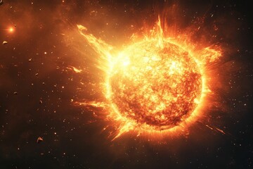 Fototapeta premium Fiery celestial body erupts, space debris flies.