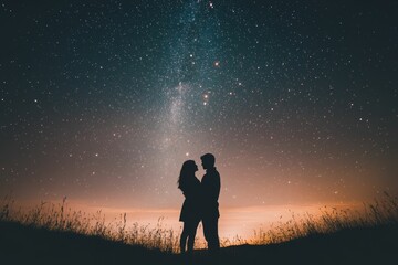 Fototapeta premium Silhouetted couple embraces under starry night sky.