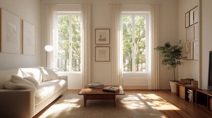 Fototapeta premium A bright and airy living room featuring large windows that let in natural light, comfortable white sofa, and wooden coffee table. greenery outside adds refreshing touch to serene atmosphere