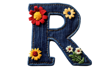 Embroidered letter R with colorful flowers on denim background, perfect for crafts and designs