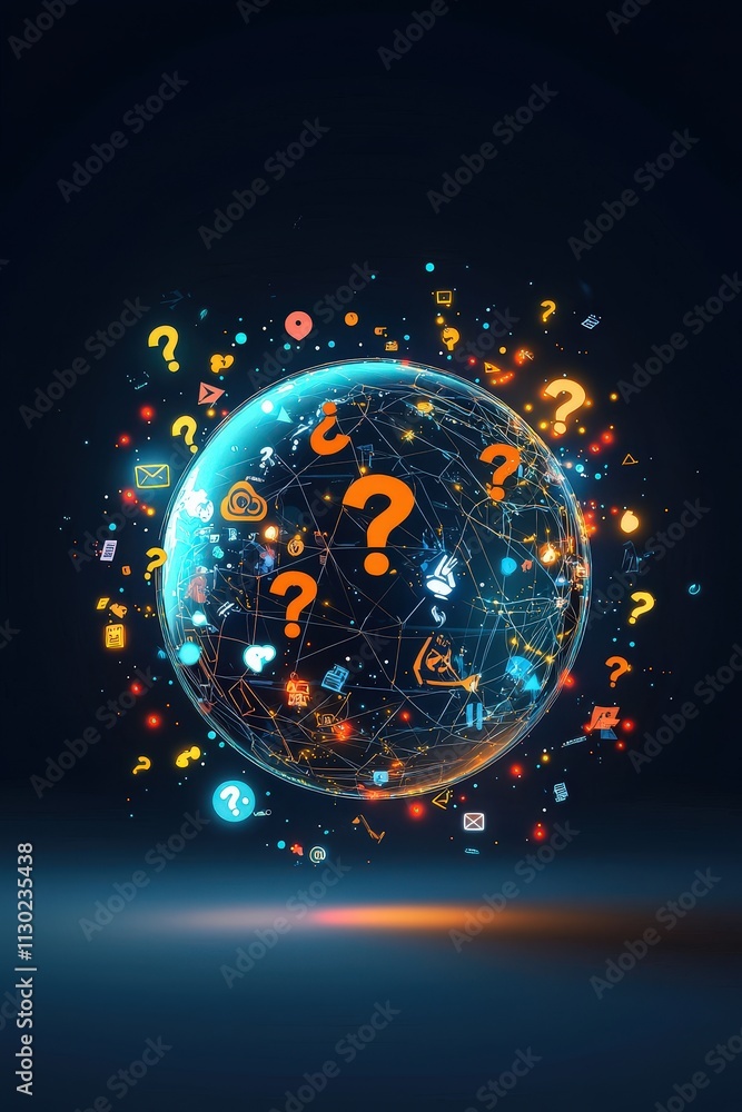 Poster a globe surrounded by floating question marks and glowing icons of inquiry.