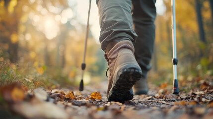 Exploring nature on beautiful autumn day, hiker walks along leaf covered trail, showcasing sturdy hiking boots and trekking poles. warm sunlight filters through trees, creating serene atmosphere