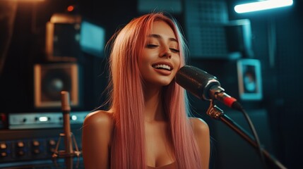 A woman with pink hair sings passionately into a microphone in a professional recording studio setting.