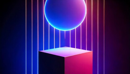 A neon-lit scene featuring a glowing cube and circle, surrounded by vertical light stripes in vibrant gradient hues of blue, pink, and purple.Image