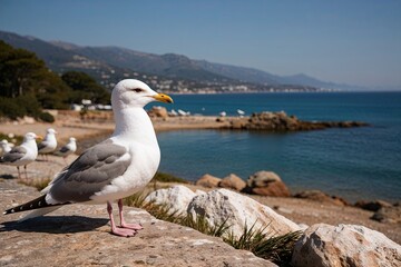 Seagull Observing the Serene Shoreline in a Picturesque Coastal Viewpoint