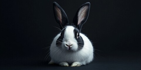 Obraz premium Beautiful black and white rabbit resting on a dark background, showcasing the animal s features as it gazes directly ahead, creating an engaging visual of the black and white rabbit.
