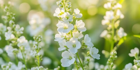 Obraz premium Close up of white flowers of shepherd s purse, also known as Capsella bursa pastoris. The shepherd s purse blooms beautifully in a glade setting. This high resolution photo showcases the shepherd s