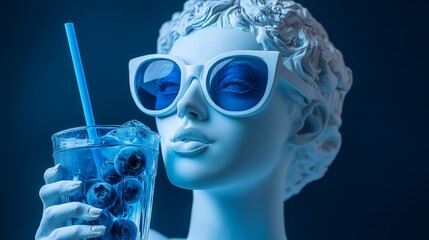 Stylized white sculpture with oversized sunglasses holding a glass of blueberry-infused water,...