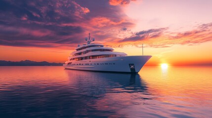 Obraz premium A sleek luxury yacht sails on tranquil waters under a vibrant sunset, capturing the essence of opulence and serenity.