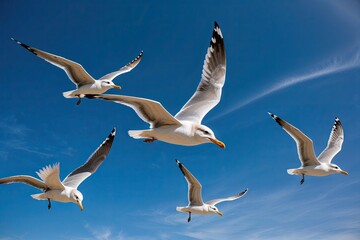 Fototapeta premium Radiant Seagulls in Flight Against a Royal Blue Sky