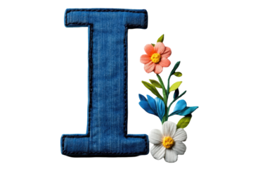 Denim letter I with colorful flowers, showcasing vibrant design
