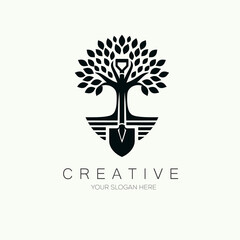 Obraz premium Minimal Tree With Shovel Vector Logo Design