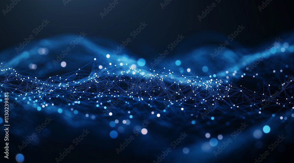 Poster a glowing dark blue abstract scene with scattered luminous particles and mesmerizing bokeh effects, 