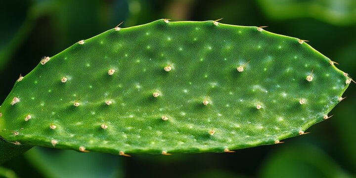 Close up view of a green prickly pear leaf, showcasing the unique features of the prickly pear cactus Opuntia ficus indica , highlighting its distinctive shape and texture.
