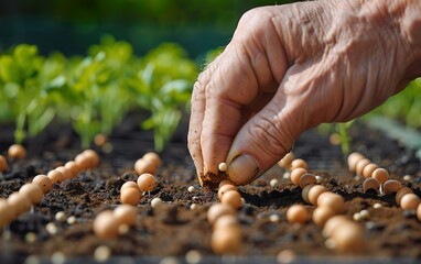 Close up of senior hand planting seeds. Regenerative, sustainable agriculture. Nature restoration, permaculture. Eco friendly conservation, resilience, holistic, biodiversity, soil centric concept