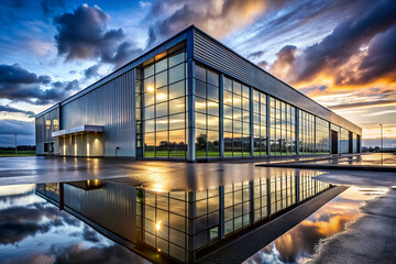 Obraz premium A modern industrial building with large glass windows reflects a vibrant sunset in a serene outdoor setting.