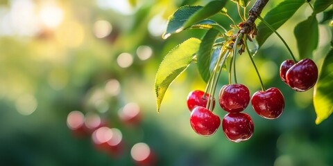 Obraz premium Close up of ripe sweet cherries hanging on a tree branch in a vibrant garden, showcasing the luscious sweetness of cherries and their appealing hues against lush greenery.