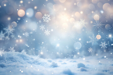 A soft, dreamy winter scene with gentle snowfall, blurred bokeh lights, and a serene blue background.