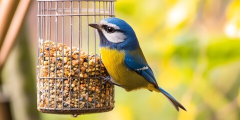Naklejka premium Hungry blue tit enjoying a meal from a garden bird feeder. This hungry blue tit showcases its vibrant colors while feeding, highlighting the charm of garden wildlife.