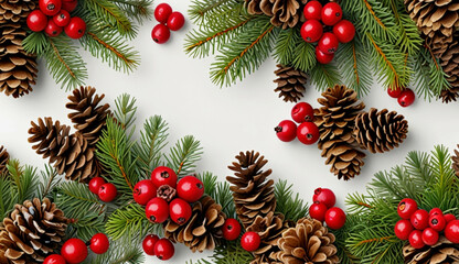 White background with pine cones and cranberry branches around the edges Generative AI