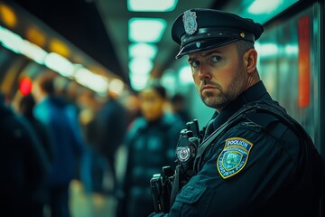 Obraz premium A vigilant police officer stands guard in a bustling subway station. The atmosphere is tense yet secure. Safety is a priority in this urban environment. Generative AI