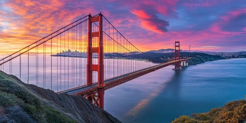 Fototapeta premium Evening view of the iconic Golden Gate Bridge, showcasing the stunning architecture of the Golden Gate Bridge against a picturesque twilight sky. The Golden Gate Bridge stands as a symbol of beauty.