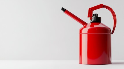 Obraz premium A vibrant red fuel canister sits elegantly against a neutral backdrop. Its sleek design and practical spout highlight its function. Perfect for storage solutions. Generative AI