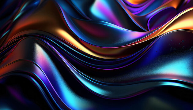 Abstract iridescent waves digital art, vibrant colors flowing, dynamic curves, metallic sheen, smooth surface, luxurious texture, rich hues,  modern design, colorful background