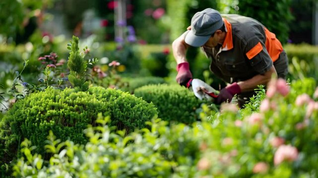 male gardener in uniform working in summer garden or park