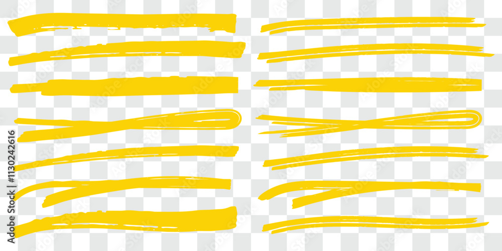 Poster hand-drawn highlighters brush lines. yellow marker lines. highlighters set marker underline. yellow 