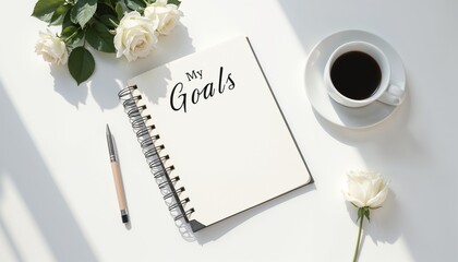 Career goals, my goals, Notebook with "My Goals" written on the page, coffee cup, and white roses on a bright table