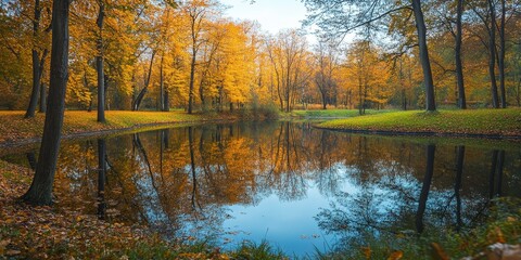 Autumn colors in Stromovka park create a serene atmosphere, with trees surrounding a tranquil pond. Enjoy the beauty of the forest and the peacefulness of the pond in this vibrant autumn setting.