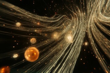 Fototapeta premium Golden streaks, glowing orbs, dark background.
