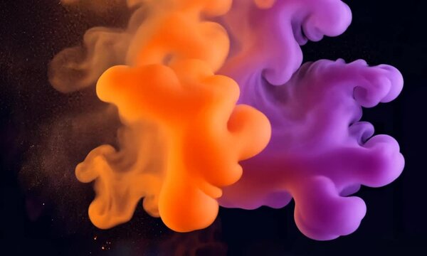 orange et violette flottant et se m&eacute;langeant, effet artistique abstrait sur fond noir, couleurs vives et contraste lumineux.